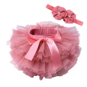 Baby Girls Tulle Bloomers Diaper Cover 2pcs Skirt + Headband