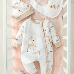4Pcs Baby Girls Long Sleeve All Seasons Deer Jumpsuit+Bib+Gloves+Hat