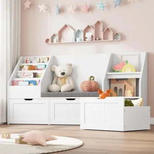 Kids Bookshelf with Reading Nook, Toy Storage Organizer with Seat Cushion and 3 Movable Drawers